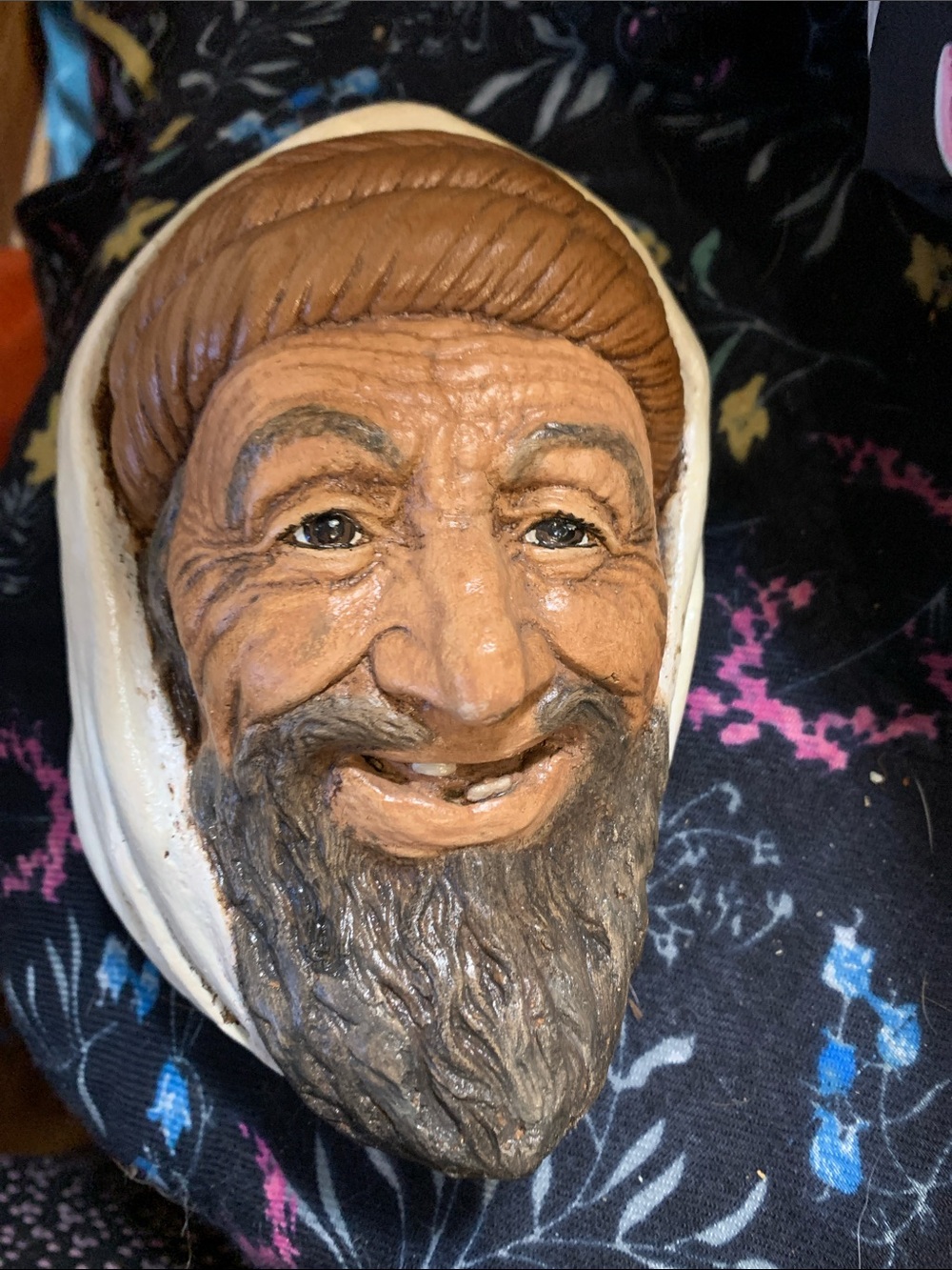 Smiling Bearded Wall Sculpture in Brown and Cream
